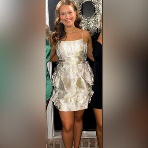 White and gold mini dress. Jacquard boutique mini dress. Metallic